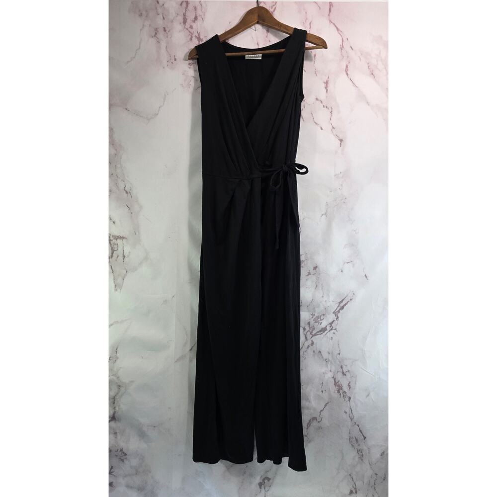 Anthropologie Jumpsuit Womens Small Black Wide Leg V Neck Faux Wrap Tie Bow